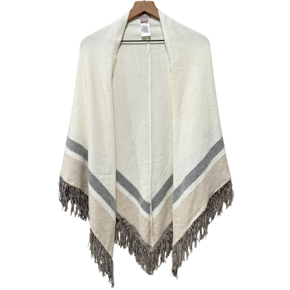 Chicos Poncho Wrap Shawl Cape One Size Faux Suede Fringe Ivory‎ Gray Stripe Open